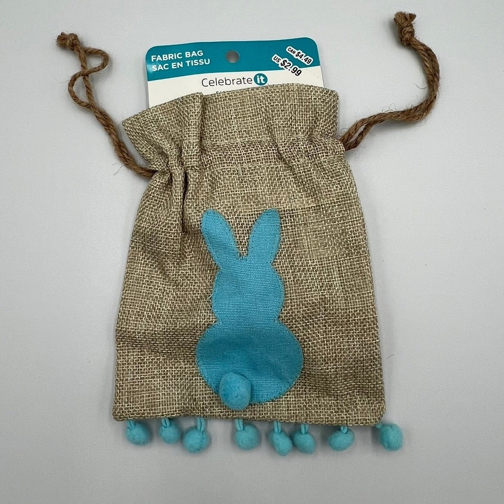 Celebrate It Easter Fabric Bag Kids OS Tan Blue Brand New Bunny Burlap Pouch